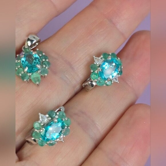 925 Sterling Silver Jewelry Set with Natural Apatite & Emerald - Picture 3 of 11